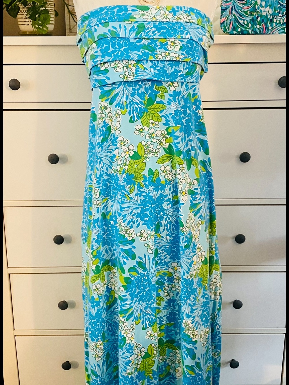 Lilly Pulitzer Blue & Green Floral Strapless Maxi Dress